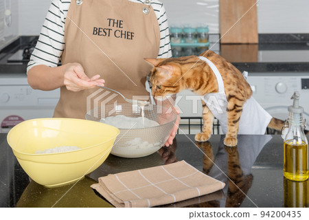 A woman in an apron and a cat are preparing pizza dough. A woman in an apron and a cat are preparing pizza dough. 94200435