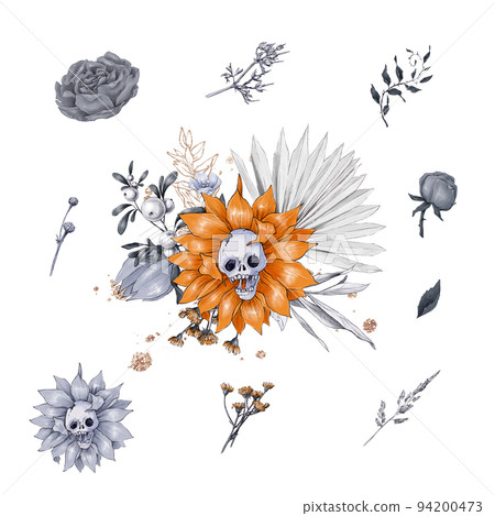 Halloween illustration of evil bouquets of roses and sunflowers with teeth and skulls 94200473