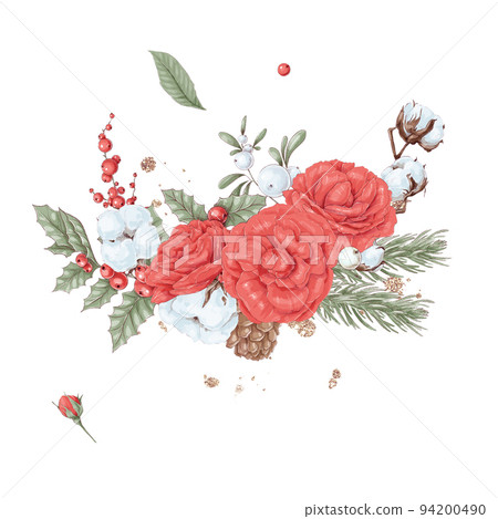 Christmas illustration set of bouquet of winter flowers, poinsettia, cotton and orange 94200490