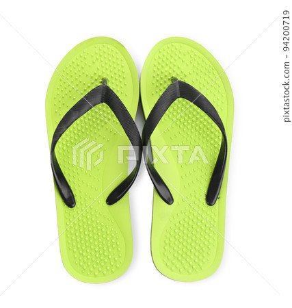 Stylish bright flip flops isolated on white, top view Stylish bright flip flops isolated on white, top view 94200719