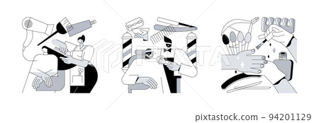 Beauty services abstract concept vector illustration set. Hair salon, barbershop, nail bar, beauty salon, beard shaving, moustache trimming, nail polish, french manicure, pedicure abstract metaphor. 94201129