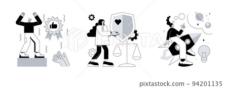 Moral principles abstract concept vector illustration set. Honour and honesty, creative inspiration, professional quality, new idea brainstorming, ethics and value, public respect abstract metaphor. 94201135