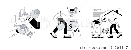 Buying property abstract concept vector illustration set. Property market, real estate agent, mortgage loan, new appartment, property investment, bank credit, down payment, pay off abstract metaphor. 94201147