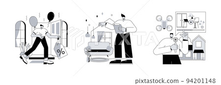 Home for sale abstract concept vector illustration set. Open house, home staging, real estate video tour, floor plan, walk through, private residence, potential buyer, furniture abstract metaphor. 94201148