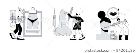 Plastic surgery abstract concept vector illustration set. Liposuction and rhinoplasty, lip injection, body contouring, beauty standard, weight loss, filler cosmetic, hyaluronic acid abstract metaphor. Plastic surgery abstract concept vector illustration set. Liposuction and rhinoplasty, lip injection, body contouring, beauty standard, weight loss, filler cosmetic, hyaluronic acid abstract metaphor. 94201159
