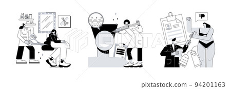 Aesthetic services abstract concept vector illustration set. Beauty salon, face lifting, body contouring, make up and hair stylist, anti age treatment, plastic body correction abstract metaphor. 94201163