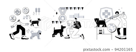 Animal care services abstract concept vector illustration set. Pet services, breed club, rabies and pet, dog walking, grooming salon, dog standard, training service, vaccination abstract metaphor. 94201165