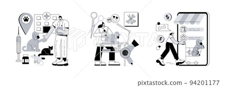 Animal service and care abstract concept vector illustration set. Vet clinic, grooming salon, animals shop, veterinary hospital, pet goods e-shop, pets vaccination, doggie spa abstract metaphor. 94201177