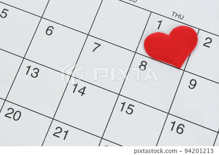 Red heart shape on the date of the 1st day in the calendar. 94201213