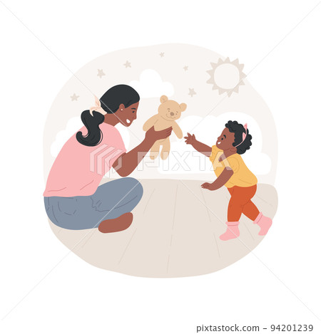 Challenge isolated cartoon vector illustration. Raising children, child learns to walk, baby challenged to reach out for toy, parents encourage kid to come closer, family life vector cartoon. 94201239