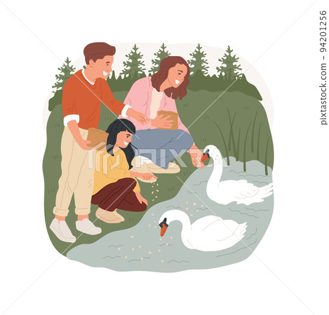 Bird feeding isolated cartoon vector illustration. Family feeding birds in the park, throwing crumbs, swan swimming in a lake, lifestyle, family leisure time, outdoor activity vector cartoon. Bird feeding isolated cartoon vector illustration. Family feeding birds in the park, throwing crumbs, swan swimming in a lake, lifestyle, family leisure time, outdoor activity vector cartoon. 94201256