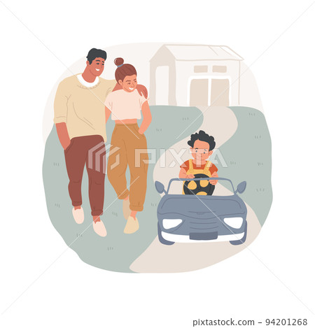 Electric vehicle isolated cartoon vector illustration. Children riding small plastic car, parent walking behind, outdoor activity for kids, electric vehicle for toddler, rental vector cartoon. 94201268