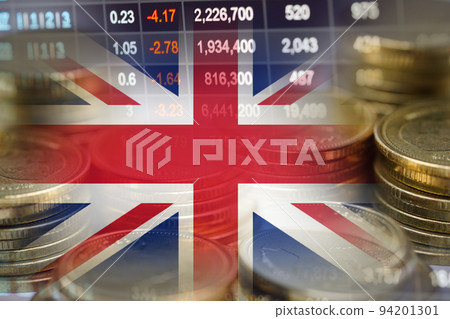 Stock market investment trading financial, coin and United Kingdom flag or Forex for analyze profit finance business trend data background. 94201301