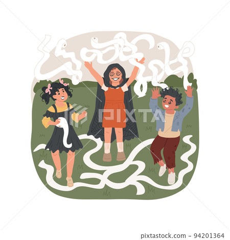 Toilet papering isolated cartoon vector illustration. Group of happy and smiling kids trowing toilet paper on a tree and having fun, holiday celebration, prank outdoors vector cartoon. 94201364