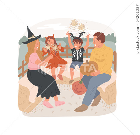 Hayride isolated cartoon vector illustration. Smiling and cheerful family members having hayride together, pumpkin decoration, Halloween holiday celebration, spooky spirit vector cartoon. Hayride isolated cartoon vector illustration. Smiling and cheerful family members having hayride together, pumpkin decoration, Halloween holiday celebration, spooky spirit vector cartoon. 94201387