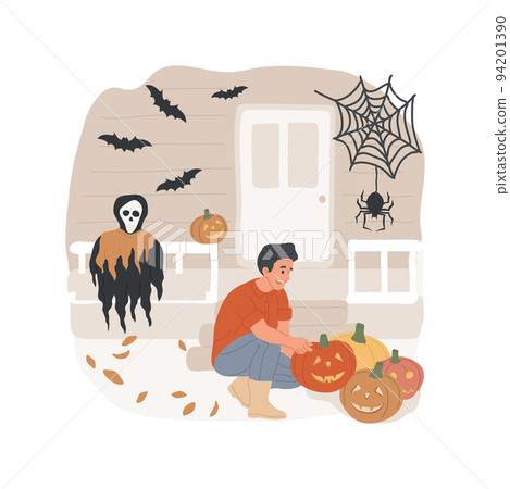 Outdoor decor isolated cartoon vector illustration. Traditional Halloween pumpkins outdoors, people preparing for holiday celebration, spider web and pumpkin decorations vector cartoon. 94201390