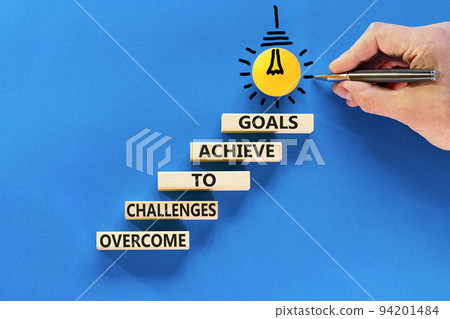 Overcome challenges to achieve goals symbol. Concept words Overcome challenges to achieve goals on wooden blocks on a beautiful blue background. Businessman hand. Business goals concept. Copy space. Overcome challenges to achieve goals symbol. Concept words Overcome challenges to achieve goals on wooden blocks on a beautiful blue background. Businessman hand. Business goals concept. Copy space. 94201484