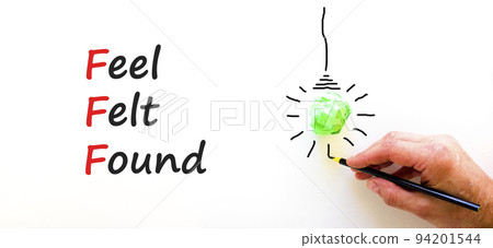 FFF feel felt found technique symbol. Concept words FFF feel felt found on white paper on a beautiful white background. Psychologist hand. Psychological feel felt found technique concept. Copy space FFF feel felt found technique symbol. Concept words FFF feel felt found on white paper on a beautiful white background. Psychologist hand. Psychological feel felt found technique concept. Copy space 94201544
