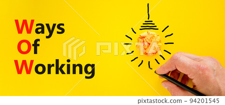 WOW ways of working symbol. Concept words WOW ways of working on a beautiful yellow background. Orange light bulb icon. Businessman hand. Business and WOW ways of working concept. Copy space. WOW ways of working symbol. Concept words WOW ways of working on a beautiful yellow background. Orange light bulb icon. Businessman hand. Business and WOW ways of working concept. Copy space. 94201545