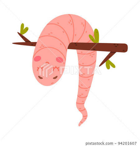 Funny Pink Worm Character with Long Tube Body Hanging on Tree Branch Vector Illustration 94201607