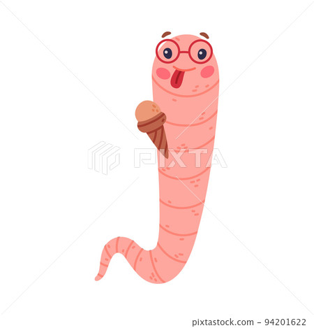 Funny Pink Worm Character in Glasses Licking Ice Cream Vector Illustration Funny Pink Worm Character in Glasses Licking Ice Cream Vector Illustration 94201622