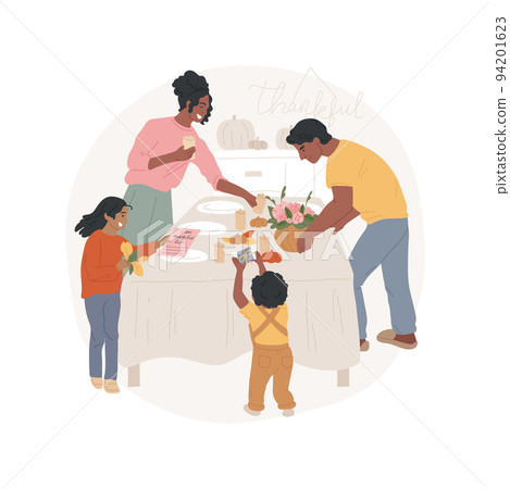 Table decoration isolated cartoon vector illustration. Family preparing for Thanksgiving Day celebration, putting crafts, small presents, cards, candles on the table vector cartoon. Table decoration isolated cartoon vector illustration. Family preparing for Thanksgiving Day celebration, putting crafts, small presents, cards, candles on the table vector cartoon. 94201623