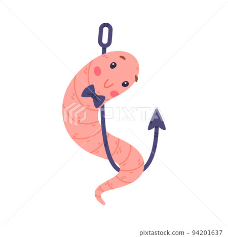 Funny Pink Worm Character with Long Body and Bow Tie Hanging on Hook Vector Illustration 94201637