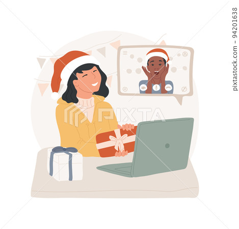 Greeting friends isolated cartoon vector illustration. Young smiling teen greeting her friends with xmas holiday online, communication during coronavirus, Christmas time vector cartoon. Greeting friends isolated cartoon vector illustration. Young smiling teen greeting her friends with xmas holiday online, communication during coronavirus, Christmas time vector cartoon. 94201638