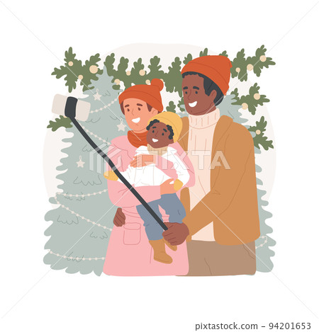 Street decoration isolated cartoon vector illustration. Family taking pictures, xmas street decorations, religious holiday spirit, enjoying Christmas time together vector cartoon. 94201653