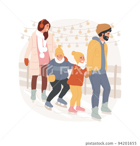 Ice rink isolated cartoon vector illustration. Happy family with kids at ice rink during Christmas time, spending winter holiday and having fun together, magic spirit vector cartoon. 94201655