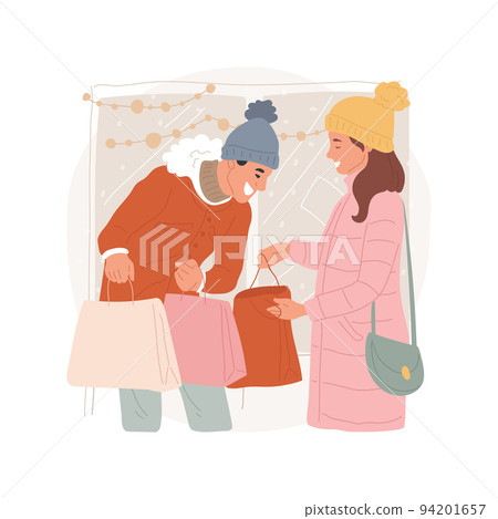 Buying presents isolated cartoon vector illustration. Smiling couple buying Christmas gifts on market together, xmas holiday preparation, choosing presents for friends vector cartoon. Buying presents isolated cartoon vector illustration. Smiling couple buying Christmas gifts on market together, xmas holiday preparation, choosing presents for friends vector cartoon. 94201657