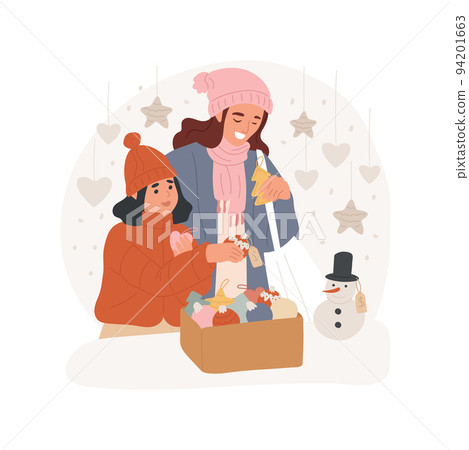 Choosing decorations isolated cartoon vector illustration. Mom and daughter choosing decor for Christmas on the market, winter holiday spirit, spending xmas time together vector cartoon. Choosing decorations isolated cartoon vector illustration. Mom and daughter choosing decor for Christmas on the market, winter holiday spirit, spending xmas time together vector cartoon. 94201663
