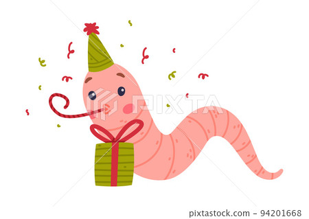 Funny Pink Worm Character in Birthday Hat with Gift Box Blowing Whistle Vector Illustration Funny Pink Worm Character in Birthday Hat with Gift Box Blowing Whistle Vector Illustration 94201668