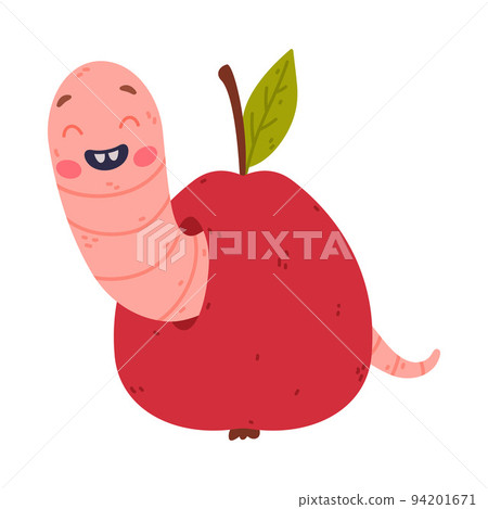 Funny Pink Worm Character with Long Body Peeking from Apple Hole Vector Illustration Funny Pink Worm Character with Long Body Peeking from Apple Hole Vector Illustration 94201671