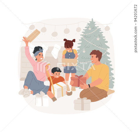 Opening presents isolated cartoon vector illustration. Excited family with kids opening xmas presents together, winter holiday spirit, Christmas time celebration, festive days vector cartoon. Opening presents isolated cartoon vector illustration. Excited family with kids opening xmas presents together, winter holiday spirit, Christmas time celebration, festive days vector cartoon. 94201672