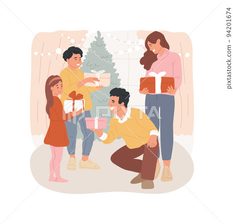 Giving presents isolated cartoon vector illustration. Happy family sharing Christmas gifts, xmas holiday celebration, spending time with relatives together, festive days vector cartoon. 94201674