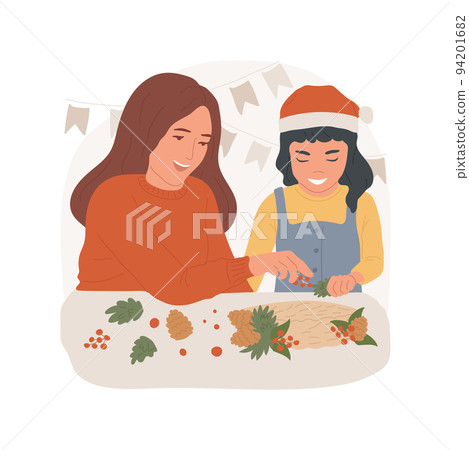 Christmas wreath isolated cartoon vector illustration. Mom and daughter making Christmas wreath together, religious holiday preparation, home decor during Christmas time vector cartoon. 94201682
