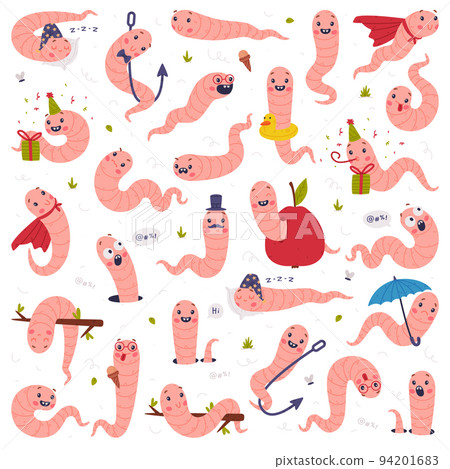 Funny Pink Worm Character with Long Tube Body and Smiling Face Vector Set Funny Pink Worm Character with Long Tube Body and Smiling Face Vector Set 94201683