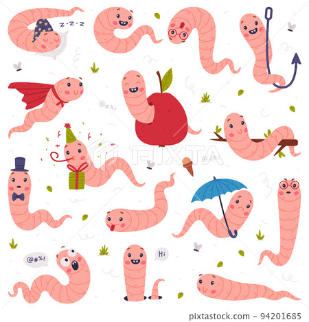 Funny Pink Worm Character with Long Tube Body and Smiling Face Vector Set Funny Pink Worm Character with Long Tube Body and Smiling Face Vector Set 94201685