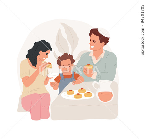 Sufganiyot isolated cartoon vector illustration. Happy family members eating sufganiyot and celebrating Hannukah at home, religious holidays, jewish jam-filled donuts vector cartoon. 94201705