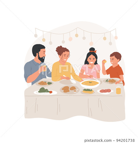 Festive dinner isolated cartoon vector illustration. Happy family gathering for Hanukkah celebration, enjoying dinner for jewish religious holidays, menorah at the table vector cartoon. Festive dinner isolated cartoon vector illustration. Happy family gathering for Hanukkah celebration, enjoying dinner for jewish religious holidays, menorah at the table vector cartoon. 94201738