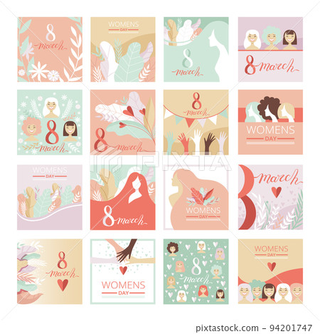 International Women Day Card as Global Holiday Greeting Big Vector Set 94201747