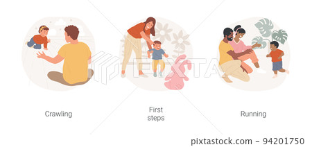 Kids physical development isolated cartoon vector illustration set. Baby crawling on the floor, child making first steps, parent encourage showing the toy, toddler learn running vector cartoon. Kids physical development isolated cartoon vector illustration set. Baby crawling on the floor, child making first steps, parent encourage showing the toy, toddler learn running vector cartoon. 94201750