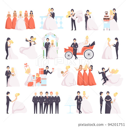 Newlyweds Couple as Just Married Male and Female in Wedding Dress and Suit Big Vector Set Newlyweds Couple as Just Married Male and Female in Wedding Dress and Suit Big Vector Set 94201751