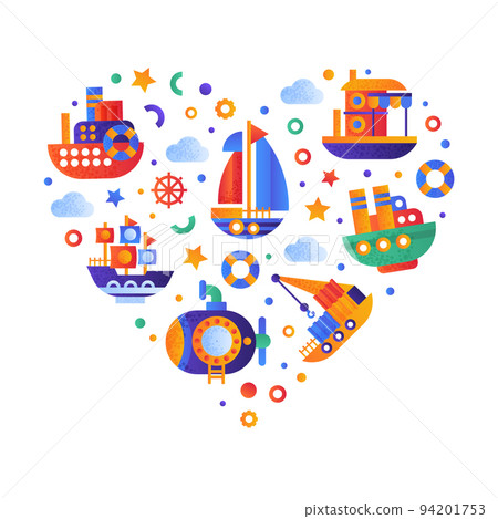 Sea and Water Transport Heart Shaped Arrangement as Seafaring and Marine Cruise Vector Template Sea and Water Transport Heart Shaped Arrangement as Seafaring and Marine Cruise Vector Template 94201753