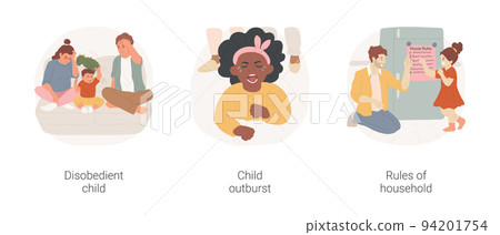 Child behavior isolated cartoon vector illustration set. Raising child, disobedience, screaming and throwing toy, emotional meltdown, hysterical behavior, list of household rules vector cartoon. 94201754