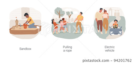 Outdoor summer activities isolated cartoon vector illustration set. Backyard sandbox, outdoor playground, teams pull rope in different directions, child riding electric vehicle vector cartoon. 94201762