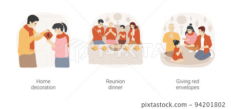 Chinese New Year isolated cartoon vector illustration set. Handmade home decoration, diverse family having dinner, giving red envelopes as presents, Chinese New Year celebration vector cartoon. 94201802