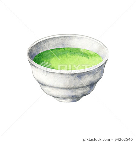 Matcha beverage in white bowl. Healthy asian drink. Hand drawn watercolor illustration of herbal tea isolated on white. Single element for menu, recipe, label, packaging design. 94202540