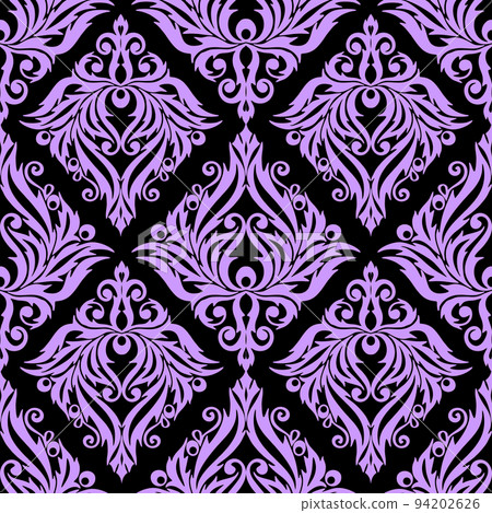 seamless graphic pattern, floral purple ornament tile on black background, texture, design 94202626